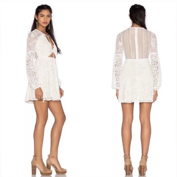 For Love & Lemons Daisy Dress Ivory Sz XS Mini Lace Long Balloon Sleeve V-neck - Picture 2 of 11